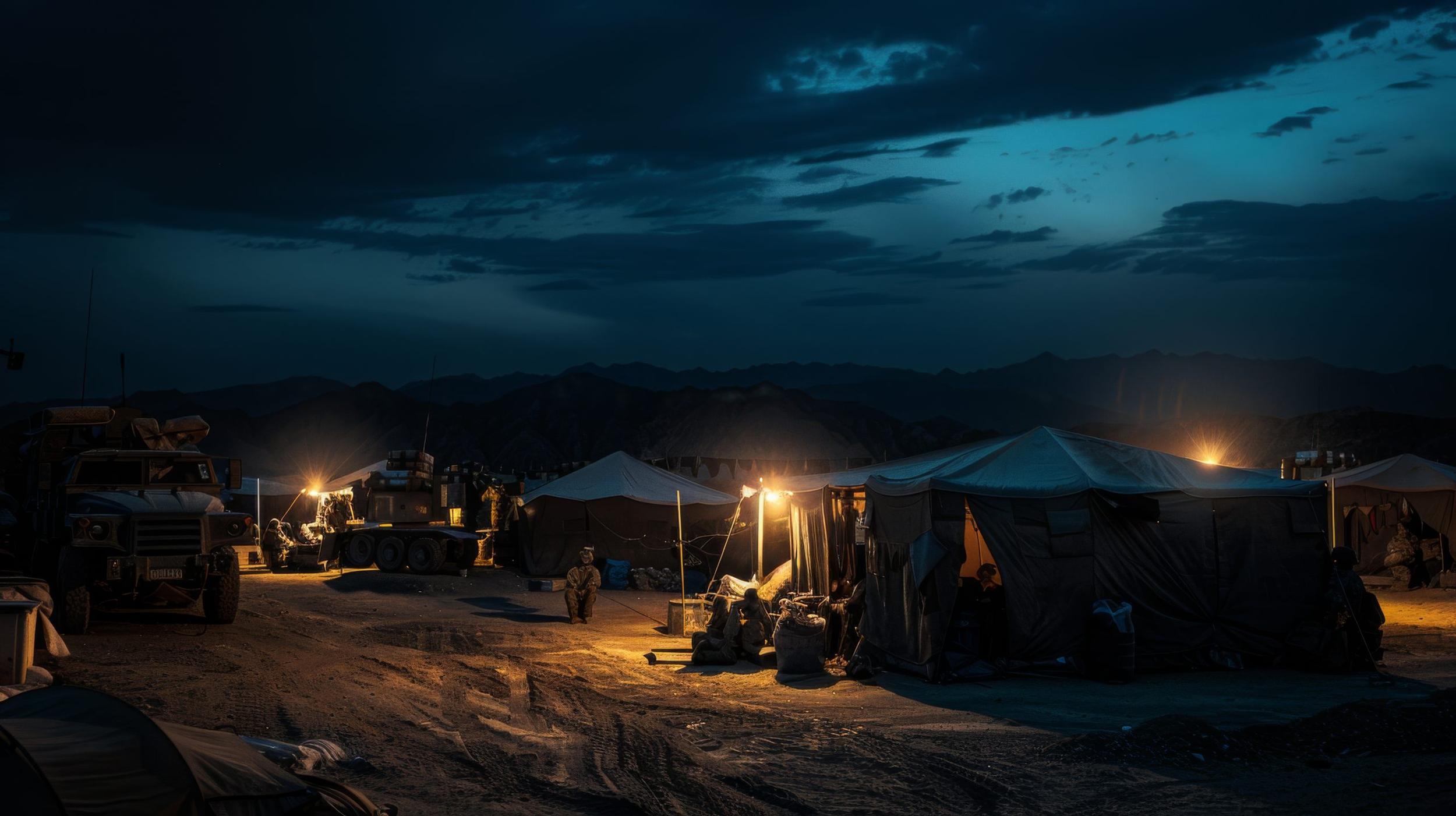 Evening shadows and soft lights illuminate a military camp, capturing the essence of resilience and adaptation under an expansive sky.